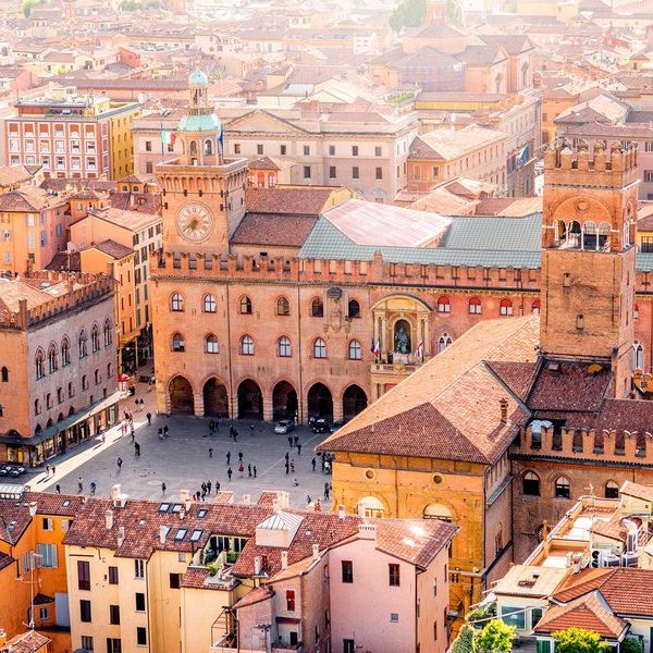 Bologna cityscape view Aerial cityscape view from the tower on Bologna old town center with Maggiore square in Italy
